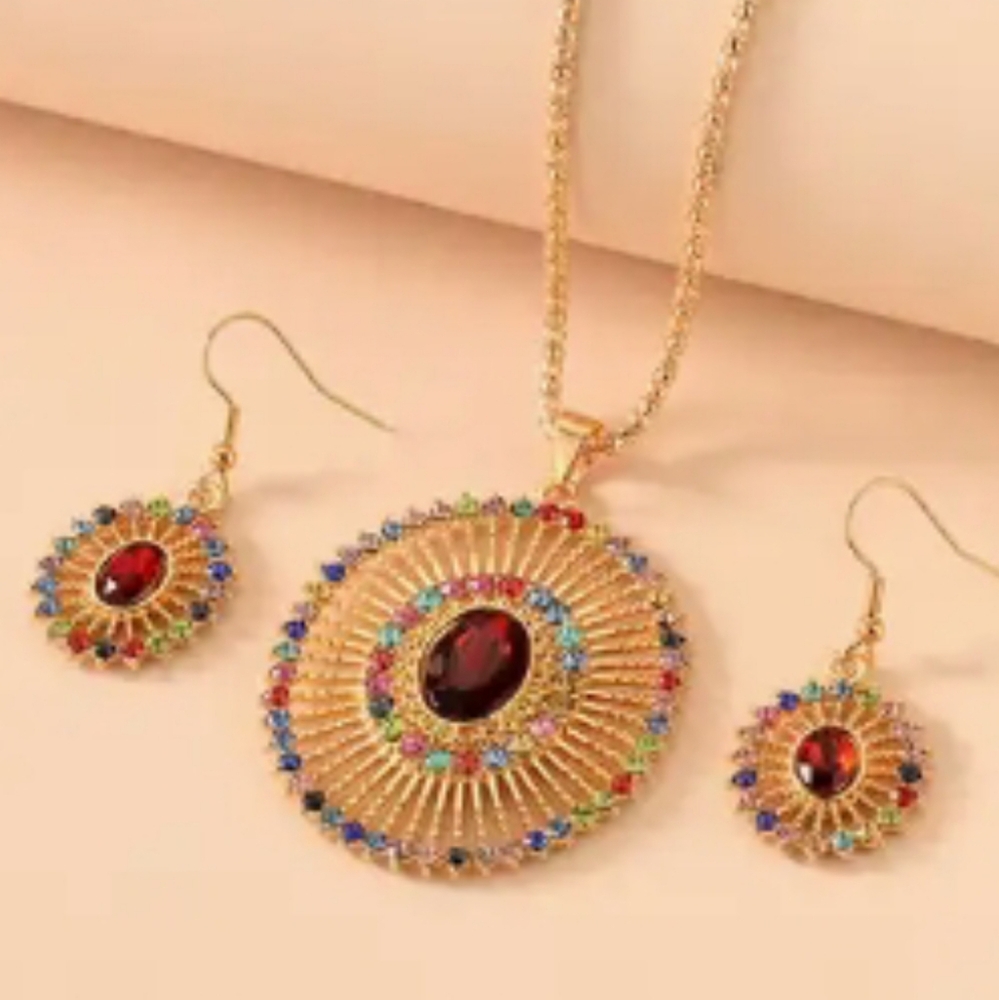 Gold Multicolor Pendant Necklace and Earring Set. NWT